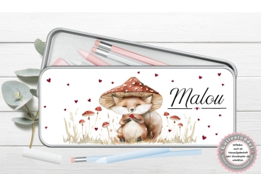 zuckersüße Stiftebox Geschenkdose Metall Fuchs Pilz Name personalisiert zur Einschulung oder nur so für Spickzettel und kleine Briefchen  von Lüttentüddel®